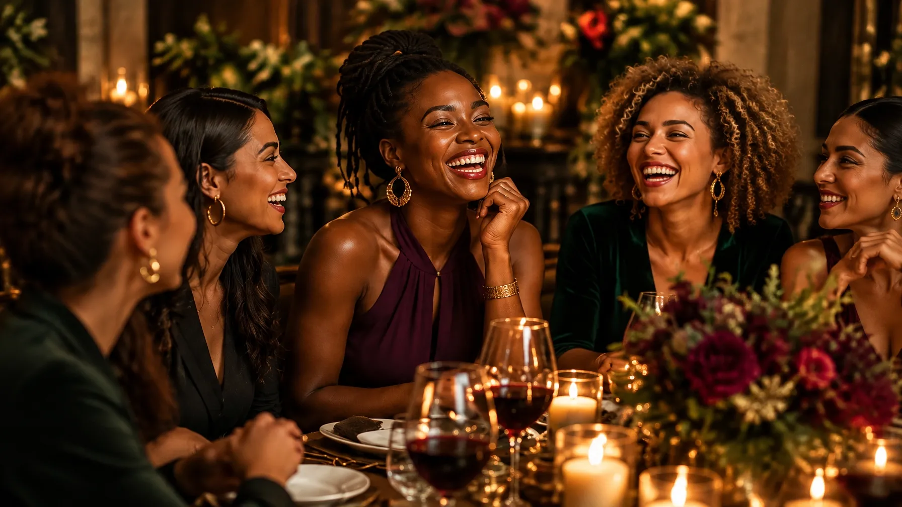 Women sharing conversation and laughter at an intimate candlelit gathering